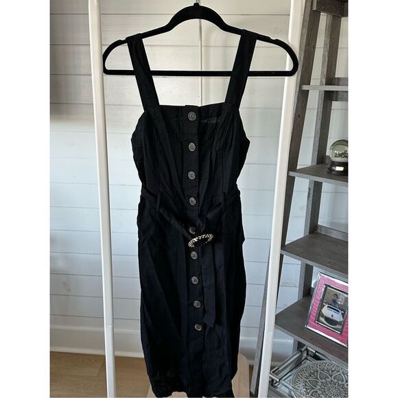 Button front belted midi length‎ dress Women’s S Black NWT - Picture 1 of 6